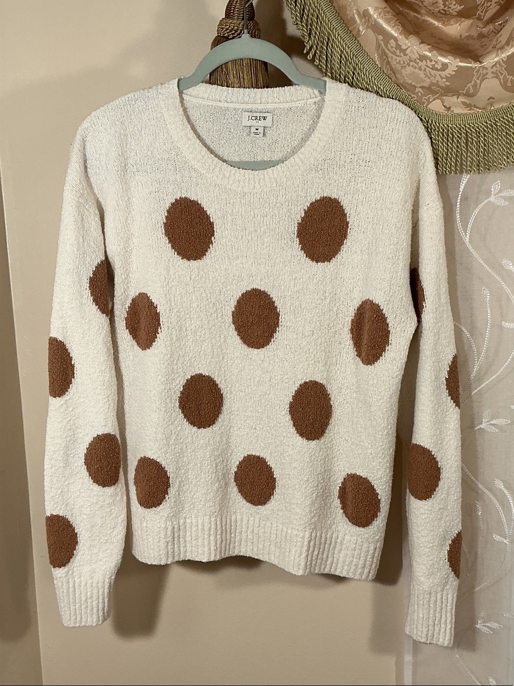 J. Crew Polka Dot Crewneck Sweater Women’s Sz M Cream & Tan Cotton Blend Cozy